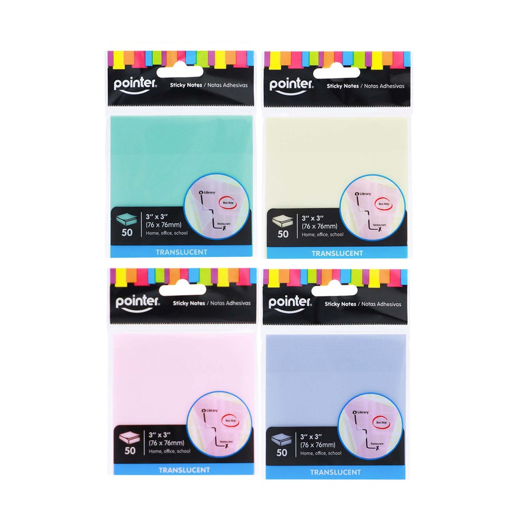 STICKY NOTES, 3X3", PASTEL TRANSLUCENT, SET OF 50 SHEETS