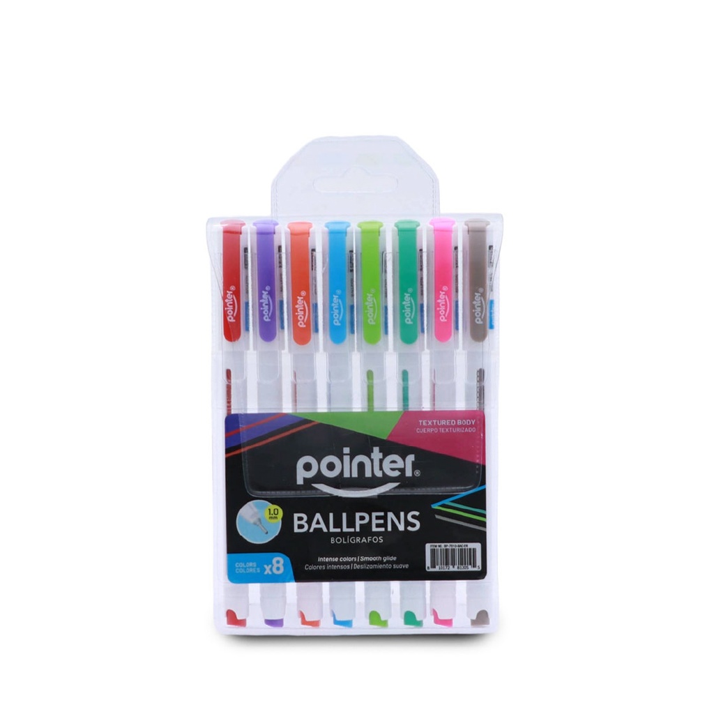 PENS, INTENSE BRIGHT COLOR, BALLPOINT, 1.0MM, TEXTURED BODY, SET OF 8 COLORS PIECES